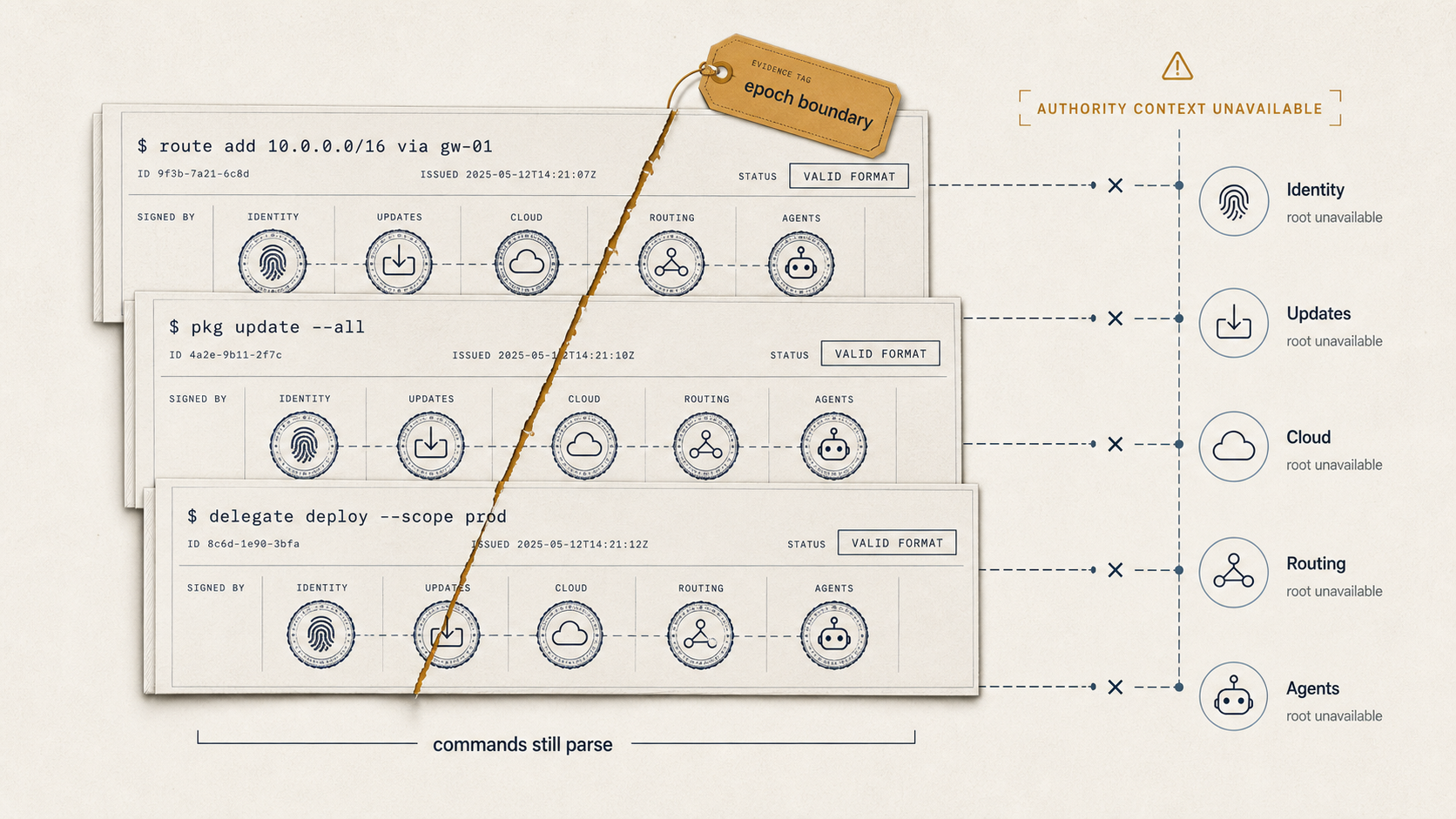 Authority roots including identity, updates, routing, cloud, agents, and governance surrounding a compromised epoch.