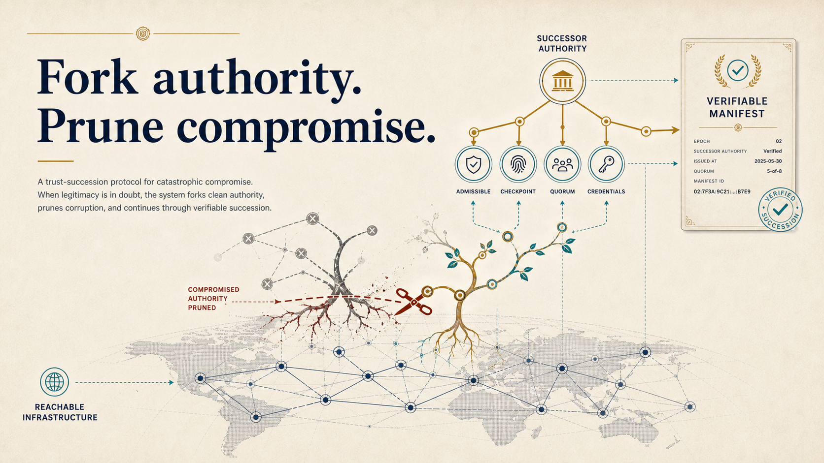 Diagram showing compromised authority being pruned while legitimate authority branches into a clean successor epoch.