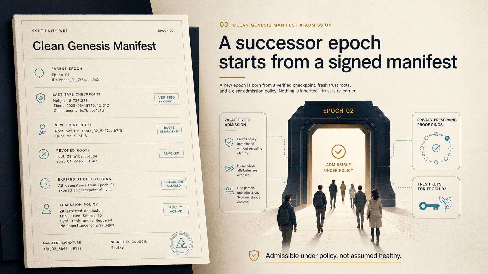 Clean Genesis Manifest document and zk-attested admission gateway into a successor epoch.